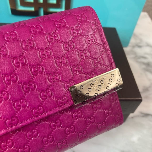 Brand New Authentic Gucci Micro Guccissima GG Dark Pink Fuchsia Flap Wallet - Picture 5 of 11